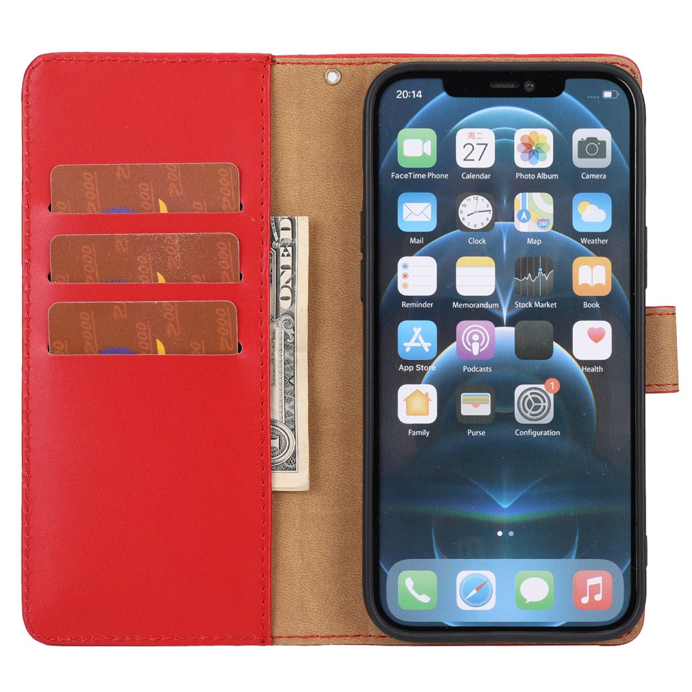 Anti-theft Design Phone Case Genuine Leather Phone Cover Wallet Stand Shell with Strap for iPhone 12 Pro Max 6.7 inch - Red-6