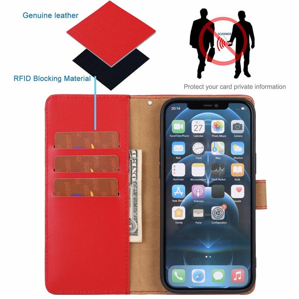 Anti-theft Design Phone Case Genuine Leather Phone Cover Wallet Stand Shell with Strap for iPhone 12 Pro Max 6.7 inch - Red-9