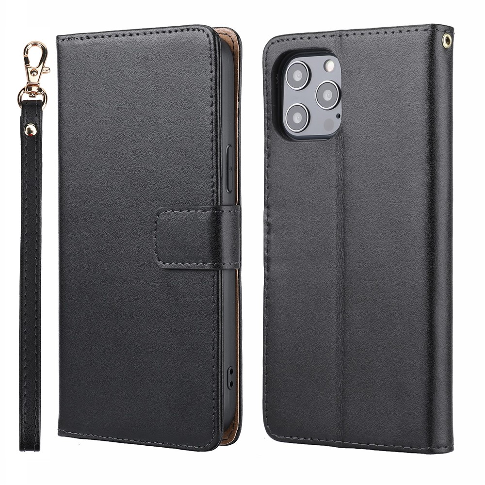 Anti-theft Design Phone Case Genuine Leather Phone Cover Wallet Stand Shell with Strap for iPhone 12 Pro Max 6.7 inch - Black-1