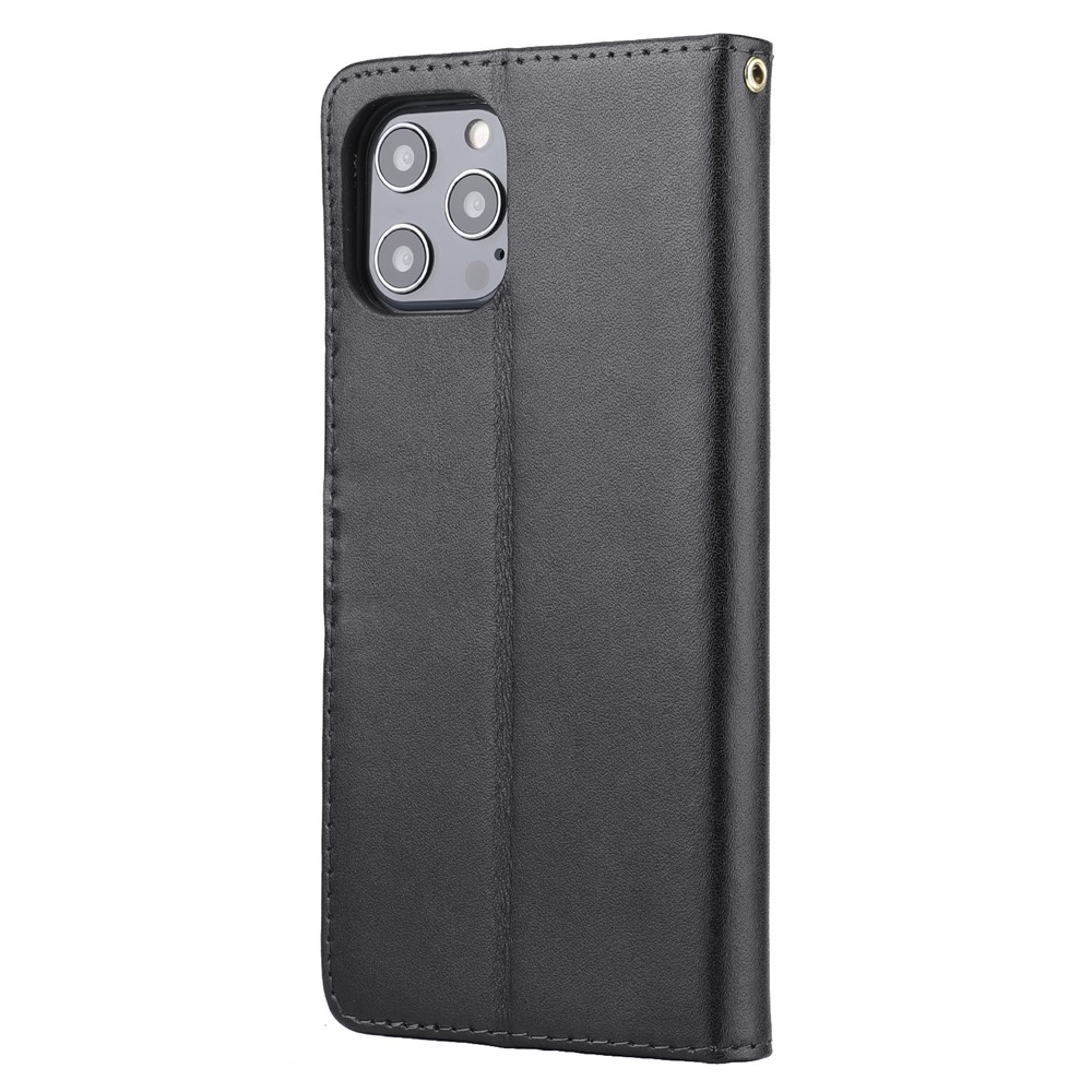 Anti-theft Design Phone Case Genuine Leather Phone Cover Wallet Stand Shell with Strap for iPhone 12 Pro Max 6.7 inch - Black-3