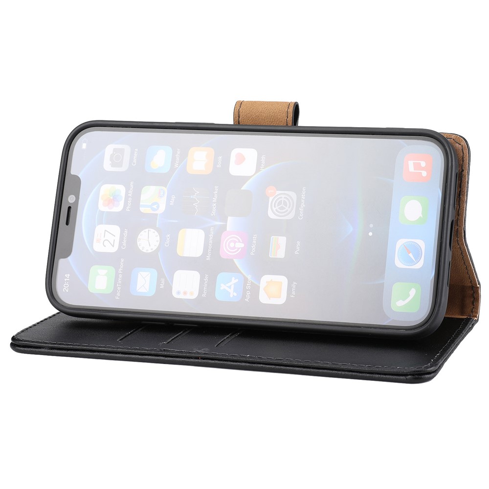 Anti-theft Design Phone Case Genuine Leather Phone Cover Wallet Stand Shell with Strap for iPhone 12 Pro Max 6.7 inch - Black-4