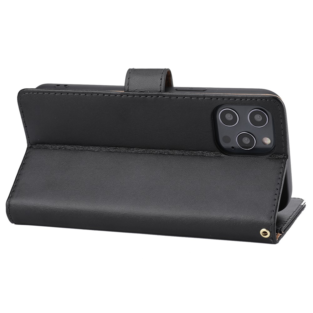 Anti-theft Design Phone Case Genuine Leather Phone Cover Wallet Stand Shell with Strap for iPhone 12 Pro Max 6.7 inch - Black-5