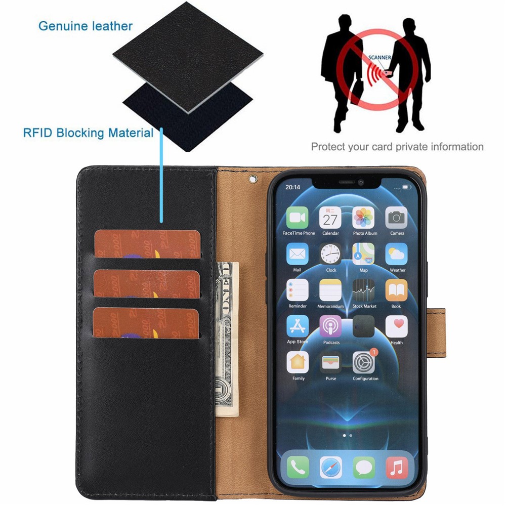Anti-theft Design Phone Case Genuine Leather Phone Cover Wallet Stand Shell with Strap for iPhone 12 Pro Max 6.7 inch - Black-9