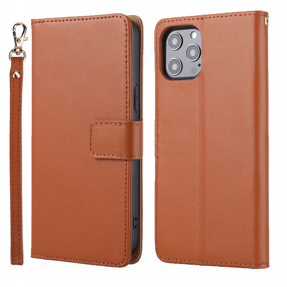 Anti-theft Design Phone Case Genuine Leather Phone Cover Wallet Stand Shell with Strap for iPhone 12 Pro Max 6.7 inch - Brown-1