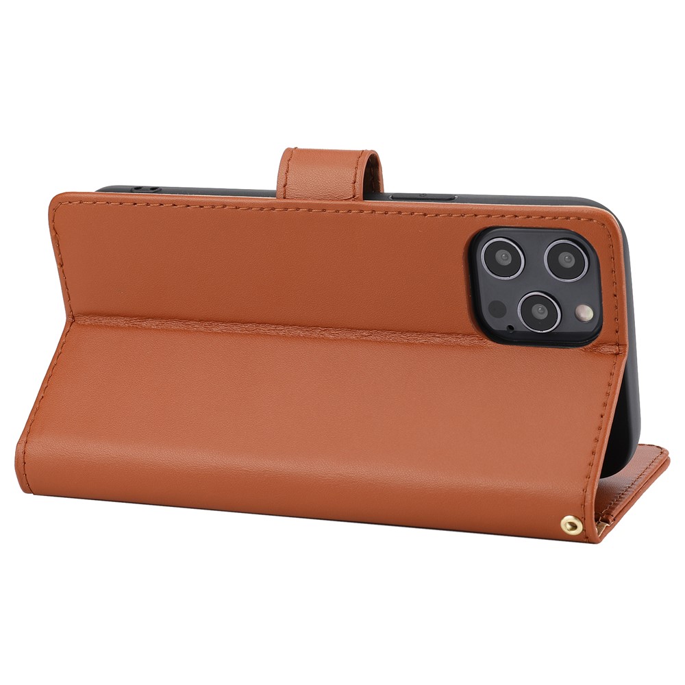 Anti-theft Design Phone Case Genuine Leather Phone Cover Wallet Stand Shell with Strap for iPhone 12 Pro Max 6.7 inch - Brown-5