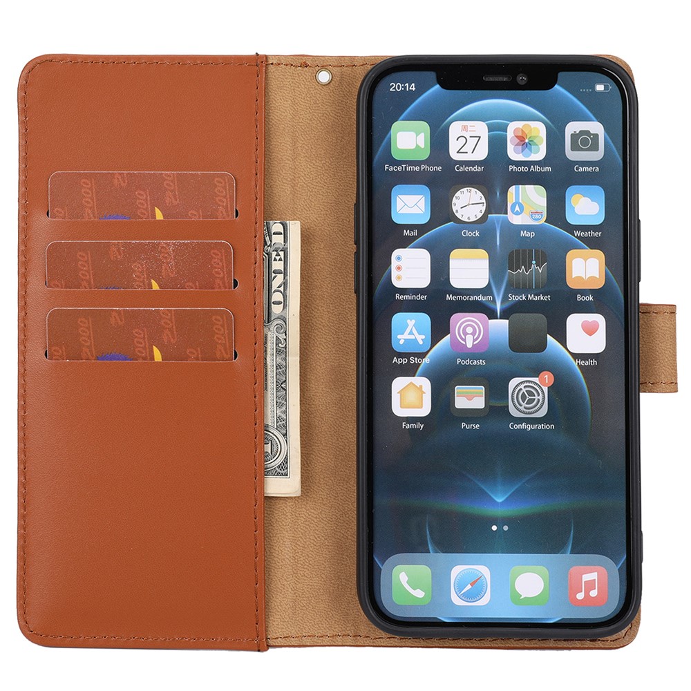 Anti-theft Design Phone Case Genuine Leather Phone Cover Wallet Stand Shell with Strap for iPhone 12 Pro Max 6.7 inch - Brown-6