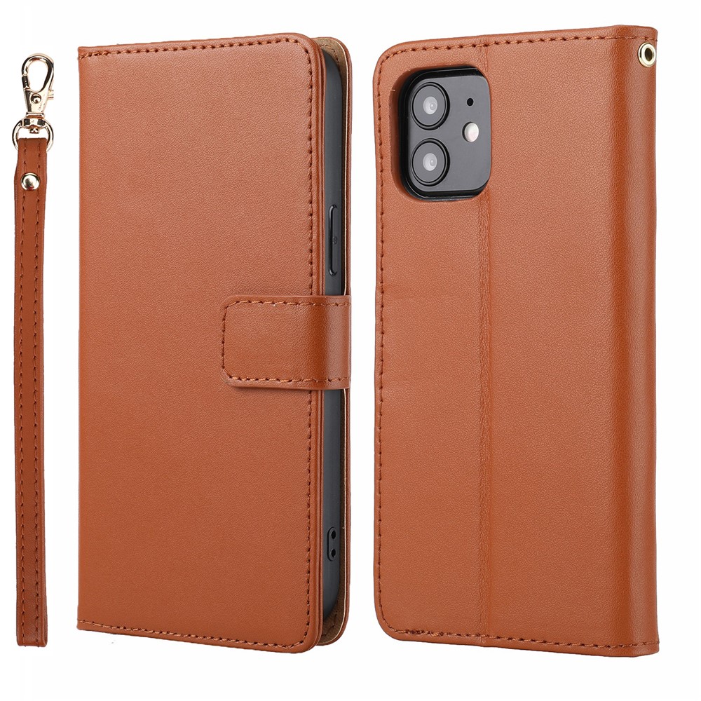 Genuine Leather Anti-theft Design Phone Case Phone Cover Wallet Stand Shell with Strap for iPhone 12/12 Pro 6.1 inch - Brown-1