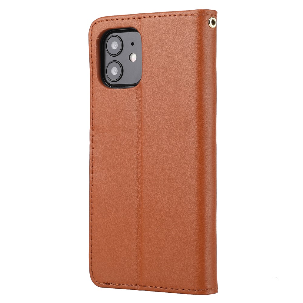 Véritable Cuir Anti-ThRef Conception Téléphone Coque Téléphone Couvercle Portefeuille Support De Support Avec Sangle Pour IPhone 12/12 Pro 6.1 Pouce - Brun