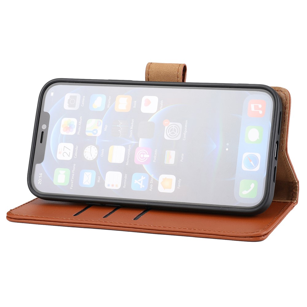 Véritable Cuir Anti-ThRef Conception Téléphone Coque Téléphone Couvercle Portefeuille Support De Support Avec Sangle Pour IPhone 12/12 Pro 6.1 Pouce - Brun