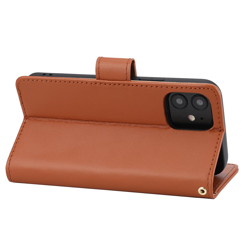 Véritable Cuir Anti-ThRef Conception Téléphone Coque Téléphone Couvercle Portefeuille Support De Support Avec Sangle Pour IPhone 12/12 Pro 6.1 Pouce - Brun