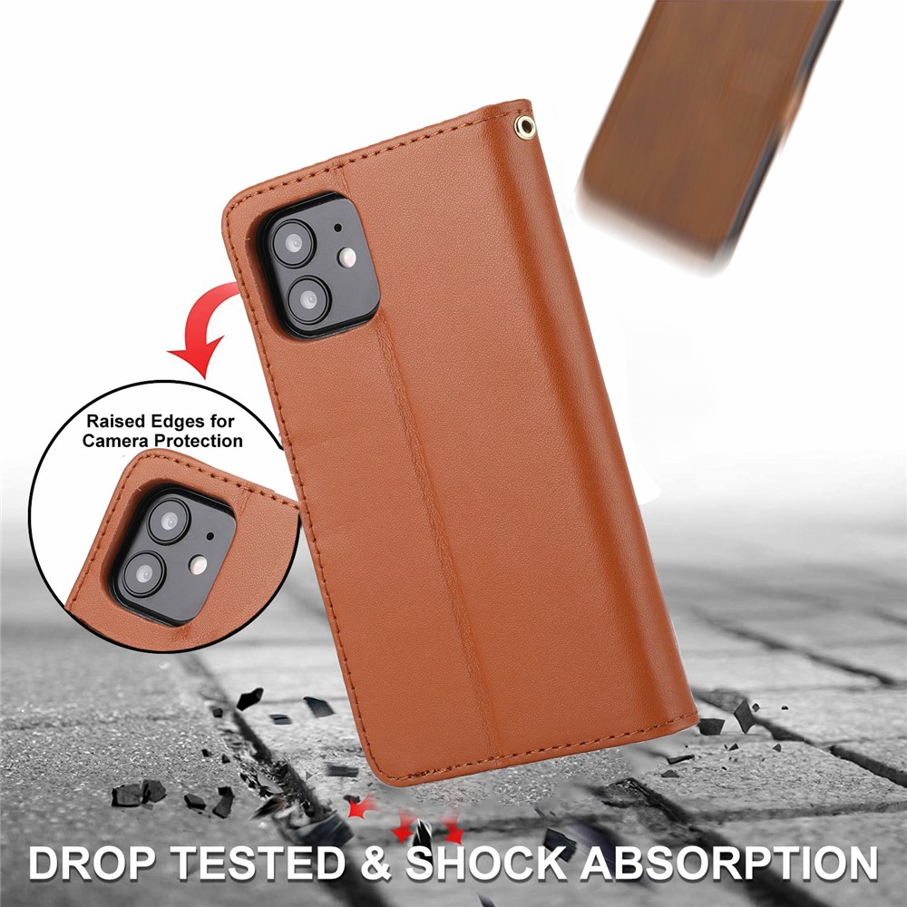 Genuine Leather Anti-theft Design Phone Case Phone Cover Wallet Stand Shell with Strap for iPhone 12/12 Pro 6.1 inch - Brown-7