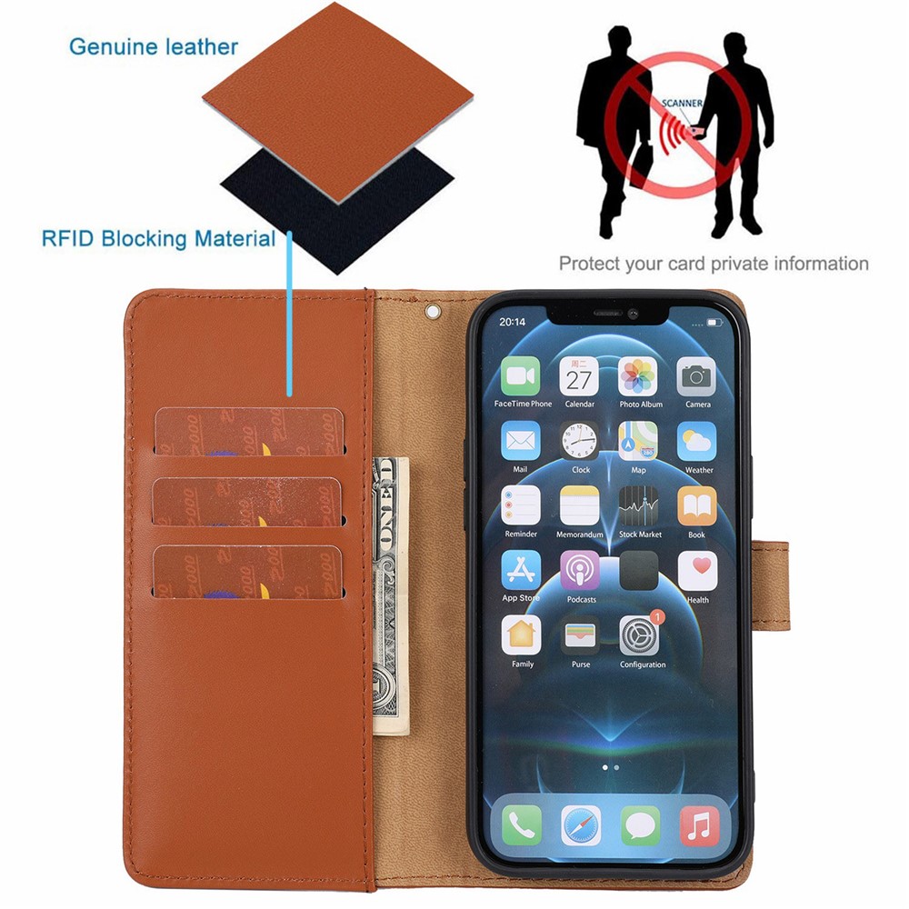 Genuine Leather Anti-theft Design Phone Case Phone Cover Wallet Stand Shell with Strap for iPhone 12/12 Pro 6.1 inch - Brown-9