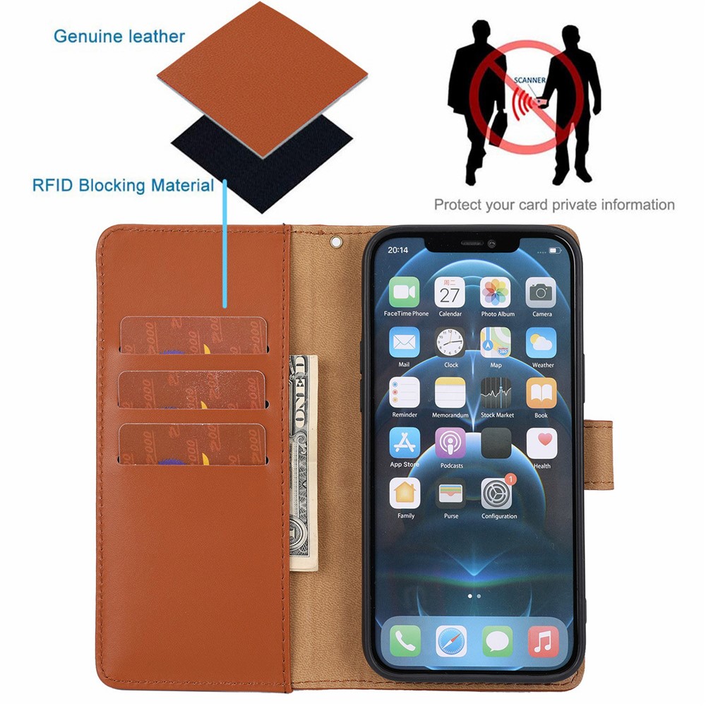 Echtes Leder Diebstahlentwicklung Design Telefon Fall Telefonabdeckung Brieftasche Ständerschale Mit Gurt Für IPhone 12/12 Pro 6,1 Zoll - Braun