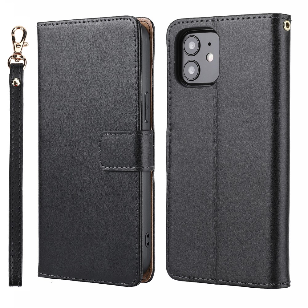 Genuine Leather Anti-theft Design Phone Case Phone Cover Wallet Stand Shell with Strap for iPhone 12/12 Pro 6.1 inch - Black-1