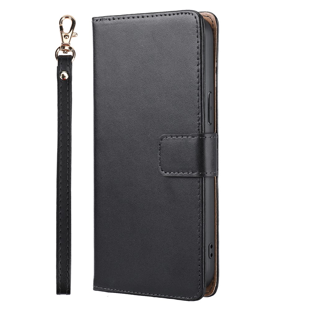 Genuine Leather Anti-theft Design Phone Case Phone Cover Wallet Stand Shell with Strap for iPhone 12/12 Pro 6.1 inch - Black-2