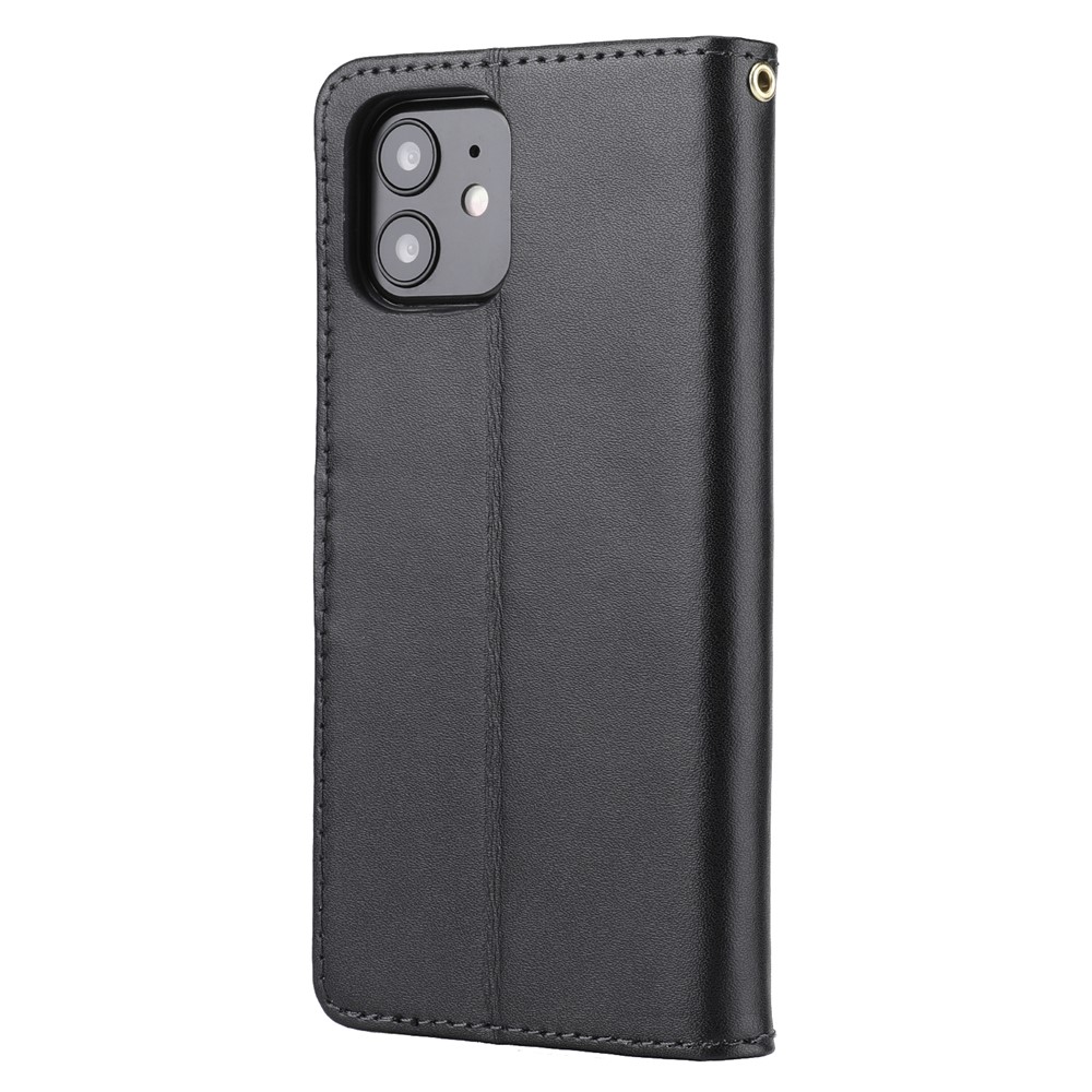 Genuine Leather Anti-theft Design Phone Case Phone Cover Wallet Stand Shell with Strap for iPhone 12/12 Pro 6.1 inch - Black-3