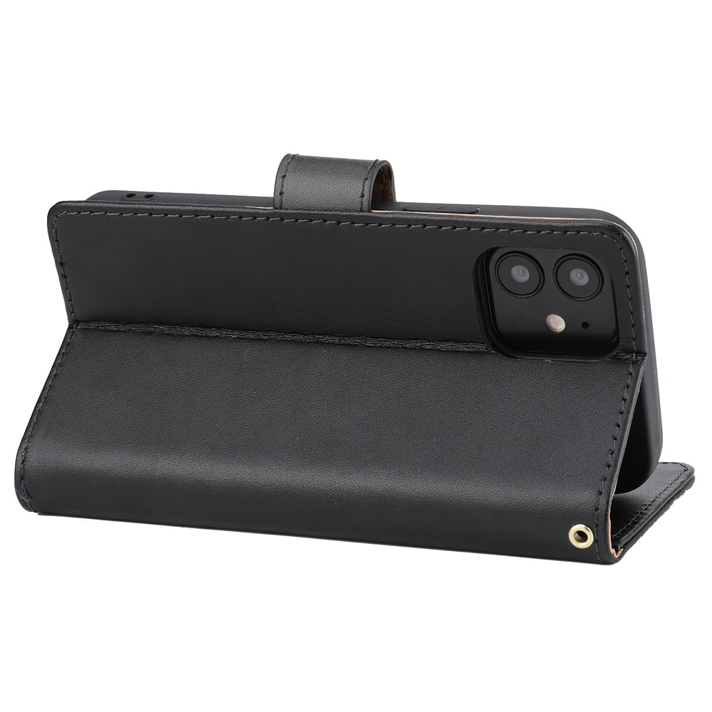 Genuine Leather Anti-theft Design Phone Case Phone Cover Wallet Stand Shell with Strap for iPhone 12/12 Pro 6.1 inch - Black-5