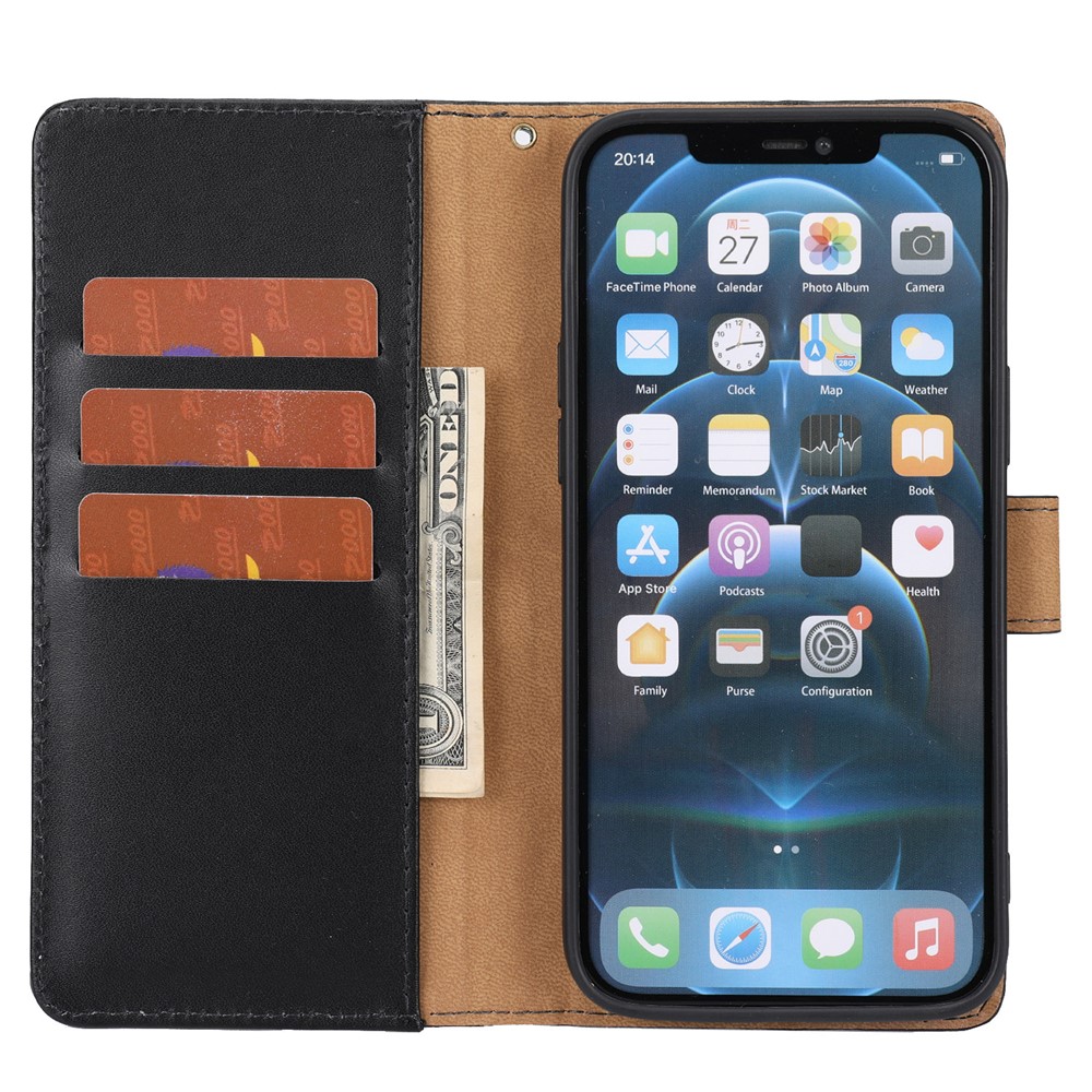 Genuine Leather Anti-theft Design Phone Case Phone Cover Wallet Stand Shell with Strap for iPhone 12/12 Pro 6.1 inch - Black-6