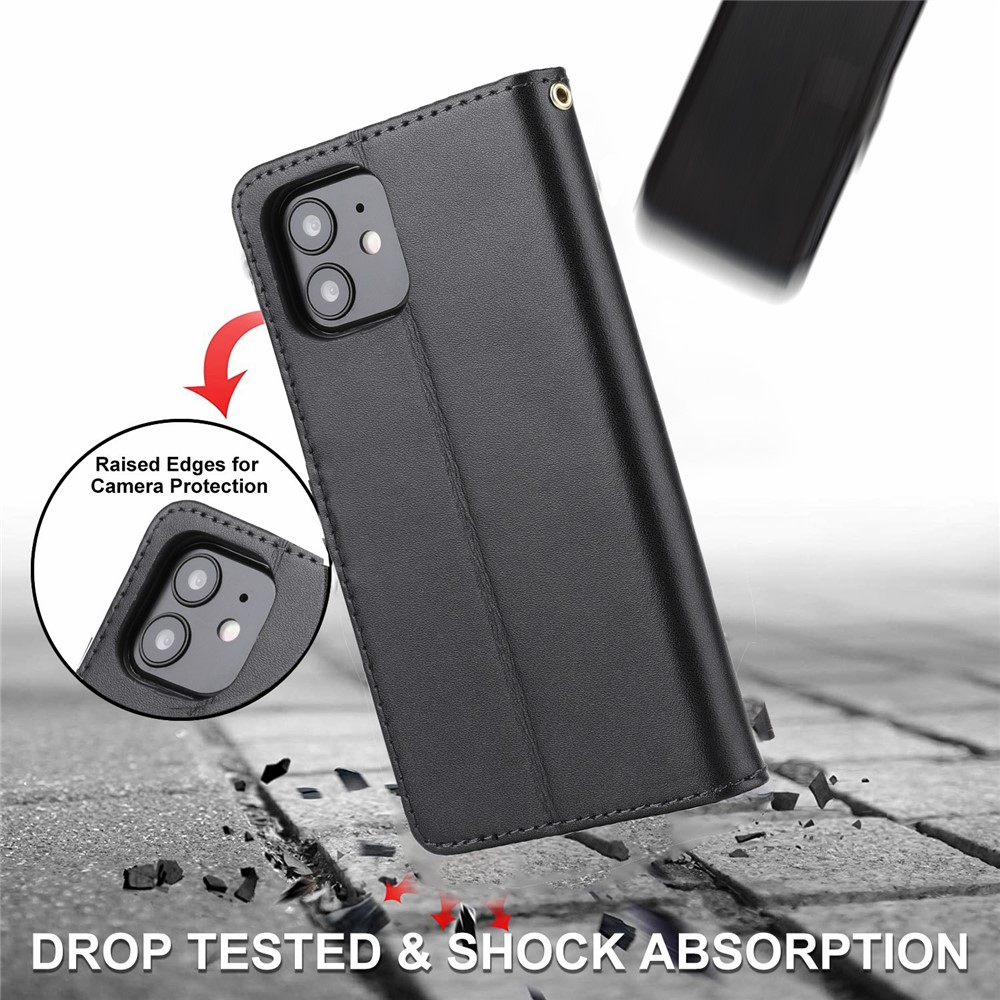 Genuine Leather Anti-theft Design Phone Case Phone Cover Wallet Stand Shell with Strap for iPhone 12/12 Pro 6.1 inch - Black-7