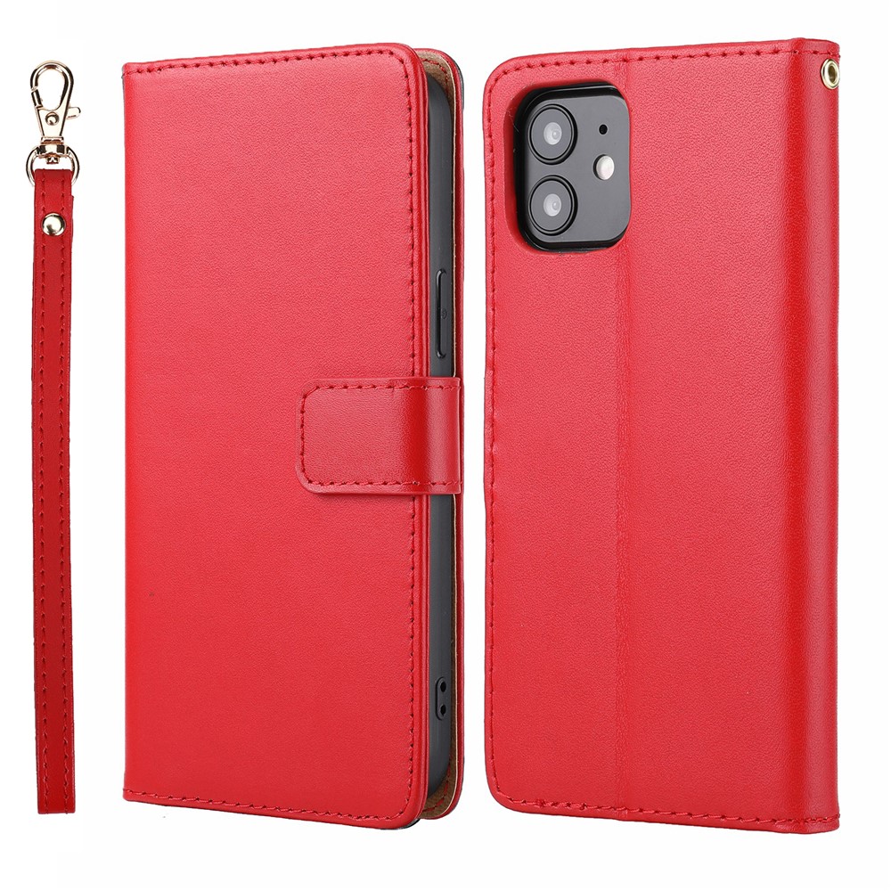 Genuine Leather Anti-theft Design Phone Case Phone Cover Wallet Stand Shell with Strap for iPhone 12/12 Pro 6.1 inch - Red-1