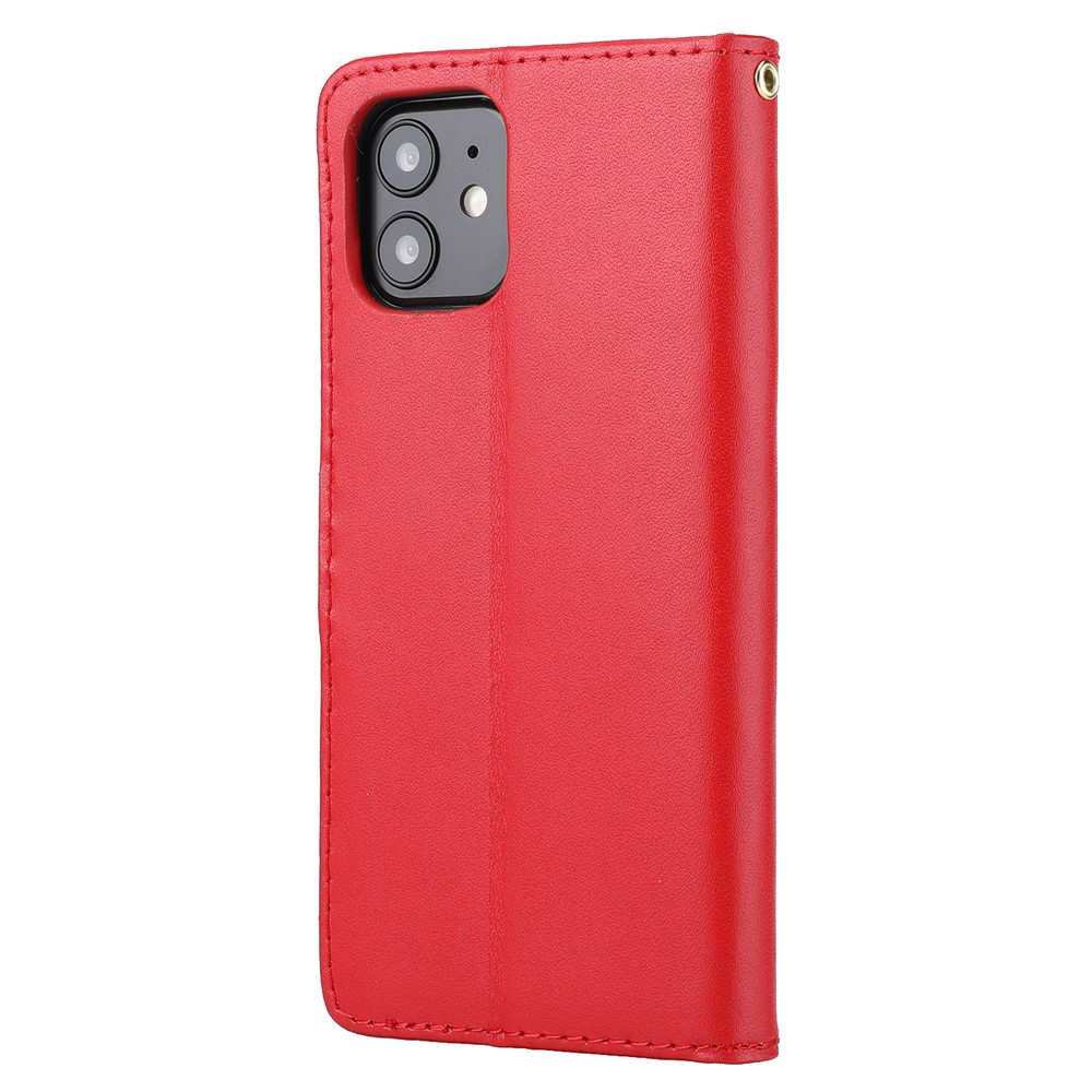Genuine Leather Anti-theft Design Phone Case Phone Cover Wallet Stand Shell with Strap for iPhone 12/12 Pro 6.1 inch - Red-3