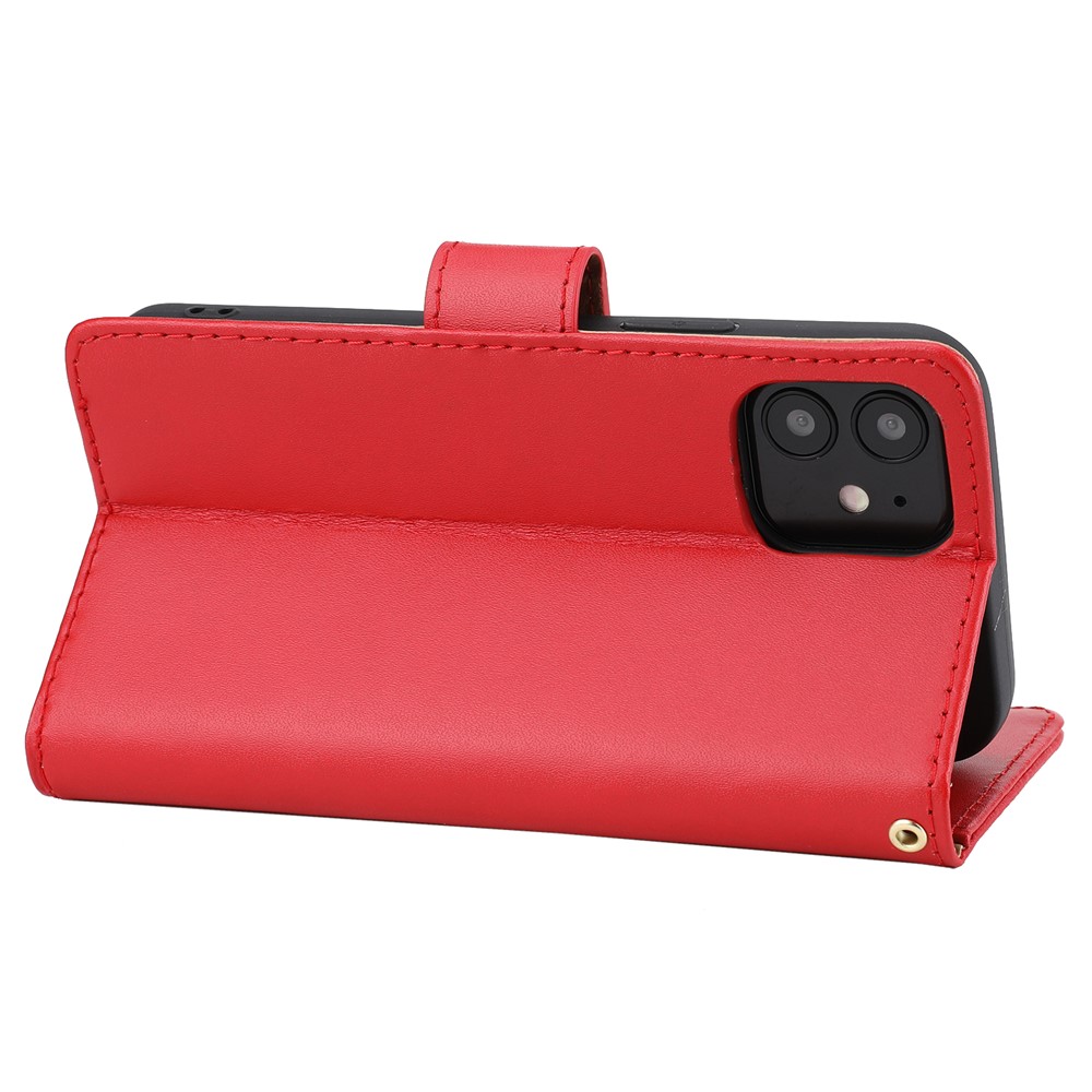 Genuine Leather Anti-theft Design Phone Case Phone Cover Wallet Stand Shell with Strap for iPhone 12/12 Pro 6.1 inch - Red-5