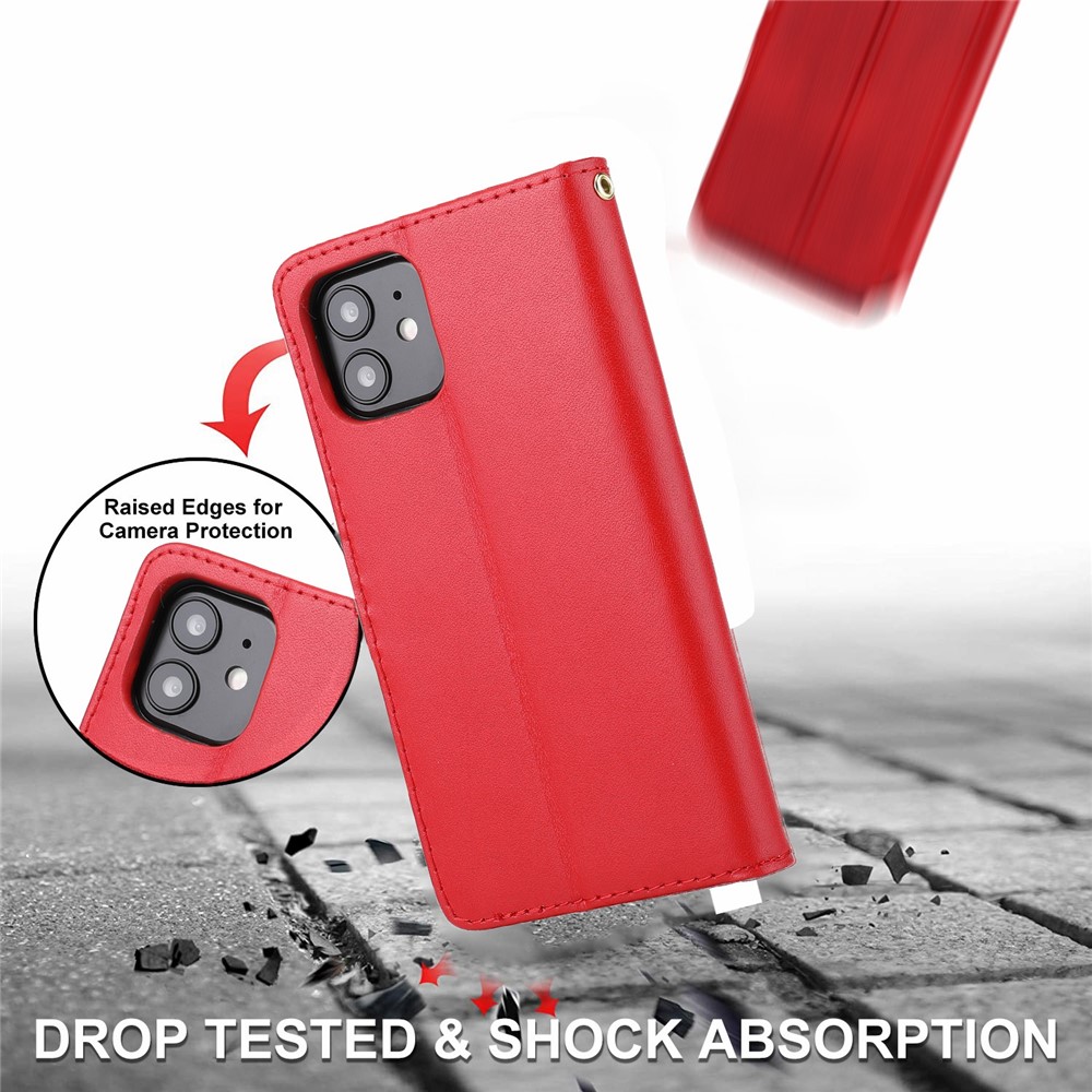 Genuine Leather Anti-theft Design Phone Case Phone Cover Wallet Stand Shell with Strap for iPhone 12/12 Pro 6.1 inch - Red-7