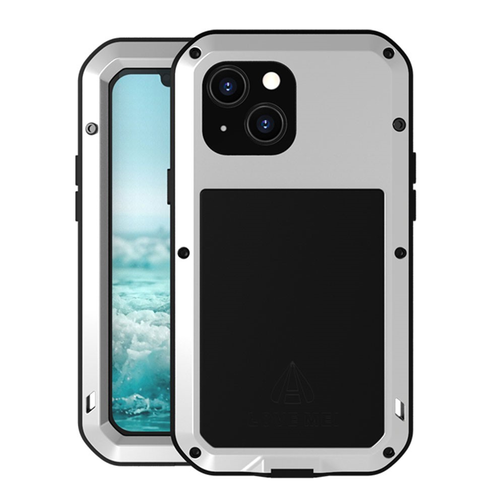 LOVE MEI Shockproof Dropproof Dustproof Metal + Silicone Phone Hybrid Case with Tempered Glass Film Cover for iPhone 13 mini 5.4 inch - Silver