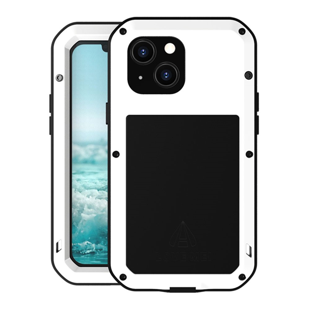 LOVE MEI Shockproof Dropproof Dustproof Metal + Silicone Phone Hybrid Case with Tempered Glass Film Cover for iPhone 13 mini 5.4 inch - White