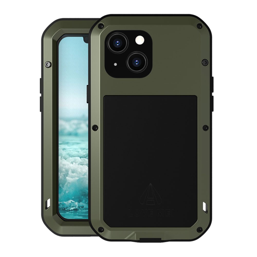 LOVE MEI Shockproof Dropproof Dustproof Metal + Silicone Phone Hybrid Case with Tempered Glass Film Cover for iPhone 13 mini 5.4 inch - Army Green