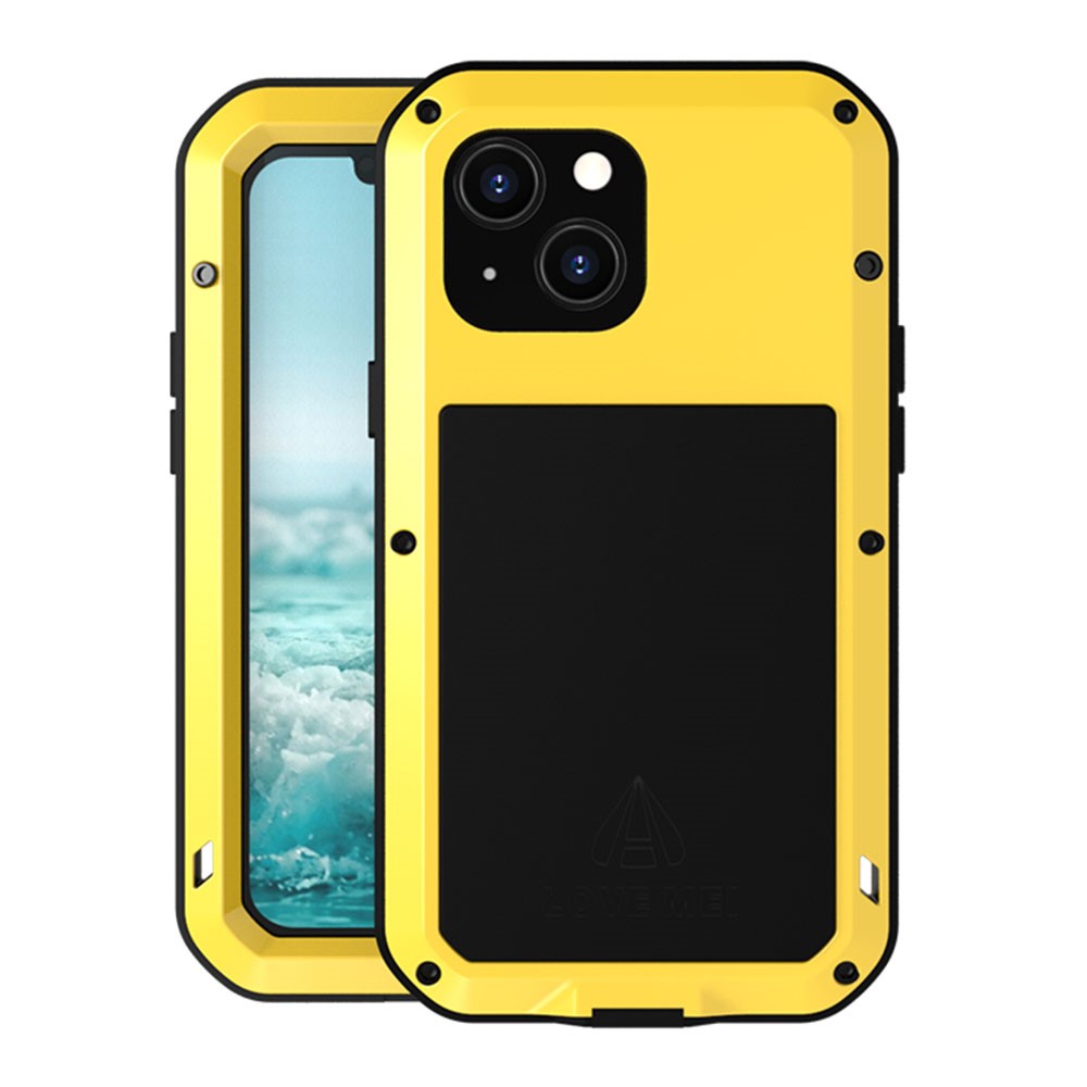 LOVE MEI Shockproof Dropproof Dustproof Metal + Silicone Phone Hybrid Case with Tempered Glass Film Cover for iPhone 13 mini 5.4 inch - Yellow