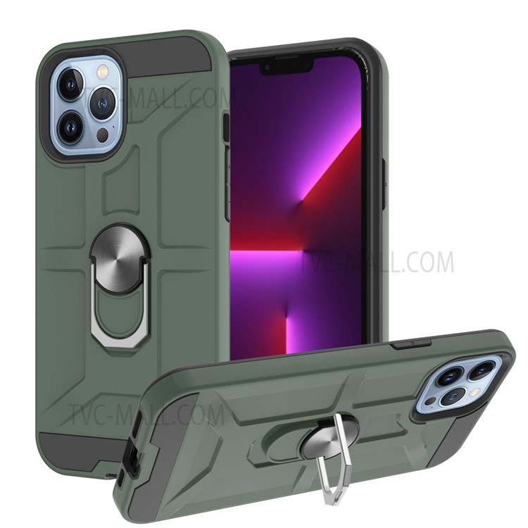 Detachable PC + TPU Hybrid Case with Rotatable Finger Ring Kickstand for iPhone 13 Pro Max 6.7 inch - Green-1