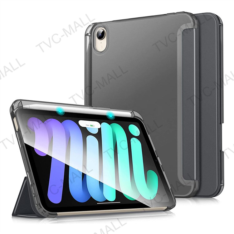 Full Body Protection Tri-fold Stand PU Leather TPU Back Auto Wake/Sleep Smart Cover Case with Pencil Holder for iPad mini (2021) - Black-1
