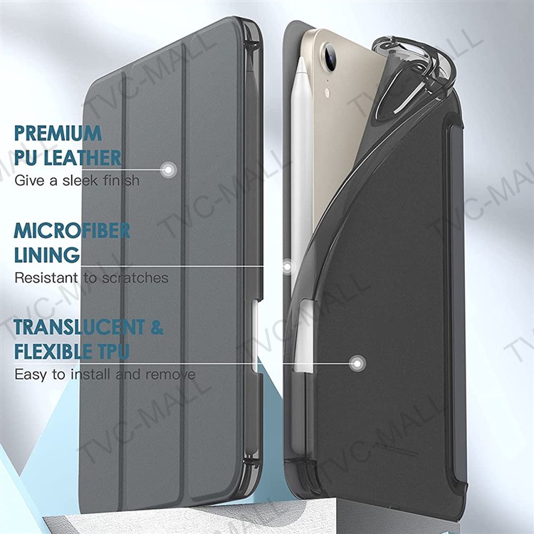Full Body Protection Tri-fold Stand PU Leather TPU Back Auto Wake/Sleep Smart Cover Case with Pencil Holder for iPad mini (2021) - Black-2
