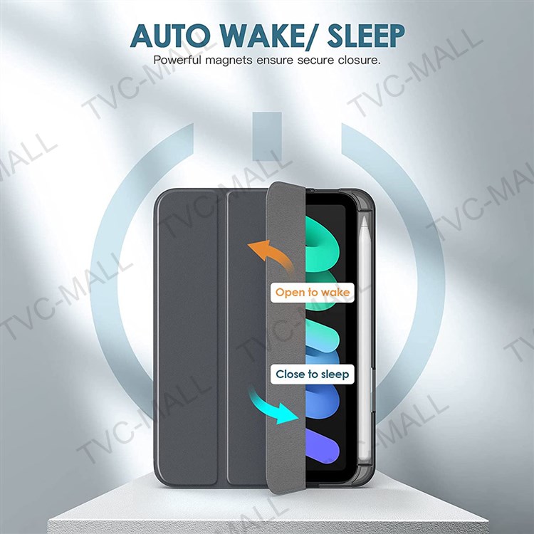 Full Body Protection Tri-fold Stand PU Leather TPU Back Auto Wake/Sleep Smart Cover Case with Pencil Holder for iPad mini (2021) - Black-5