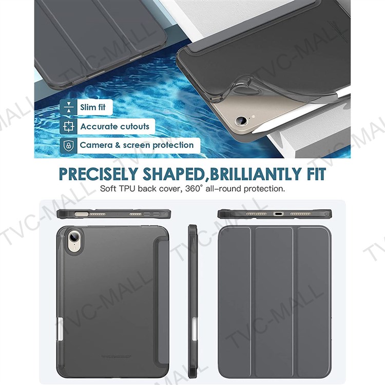 Full Body Protection Tri-fold Stand PU Leather TPU Back Auto Wake/Sleep Smart Cover Case with Pencil Holder for iPad mini (2021) - Black-7