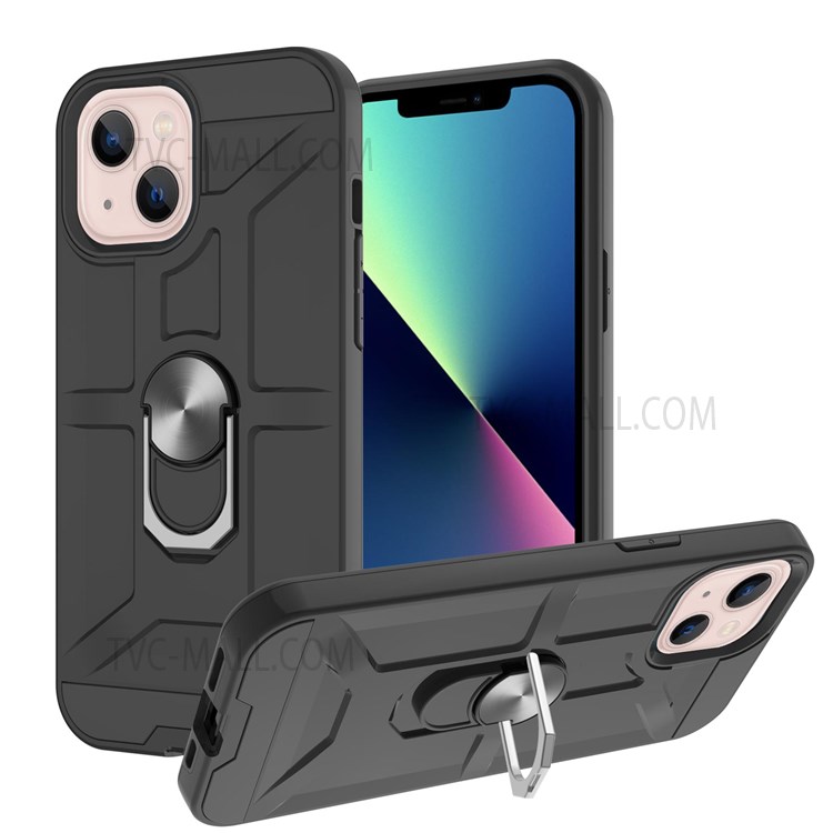 Shockproof Detachable PC and TPU Hybrid Case with Rotatable Finger Ring Kickstand for iPhone 13 6.1 inch - Black-1