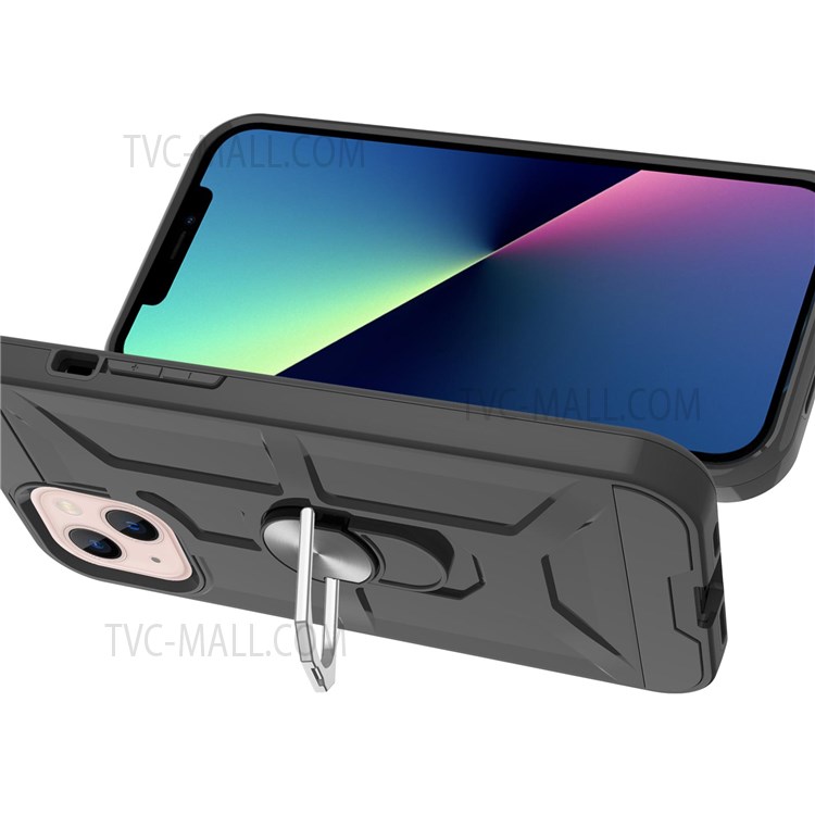 Shockproof Detachable PC and TPU Hybrid Case with Rotatable Finger Ring Kickstand for iPhone 13 6.1 inch - Black-6