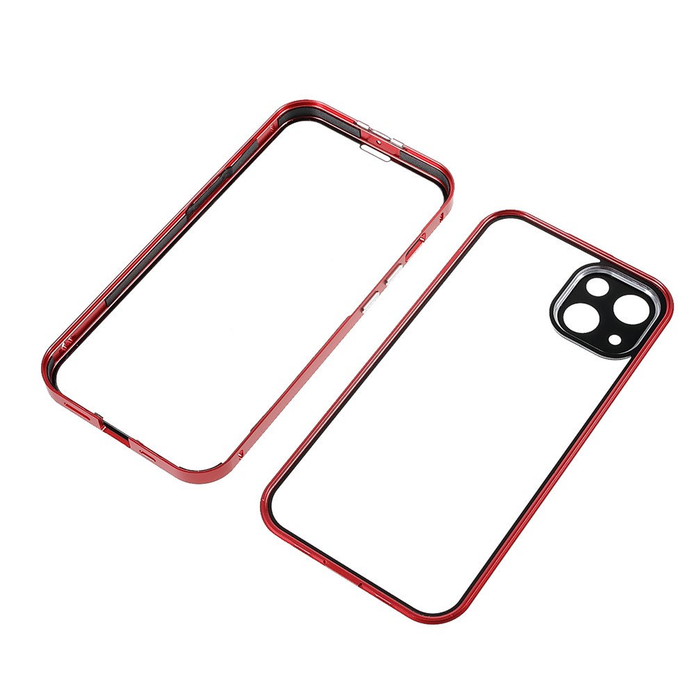 Phone Case Magnetic Absorption HD Front Tempered Glass and Hard Acrylic Back Cover Hybrid Phone Case for iPhone 13 mini 5.4 inch - Red-9