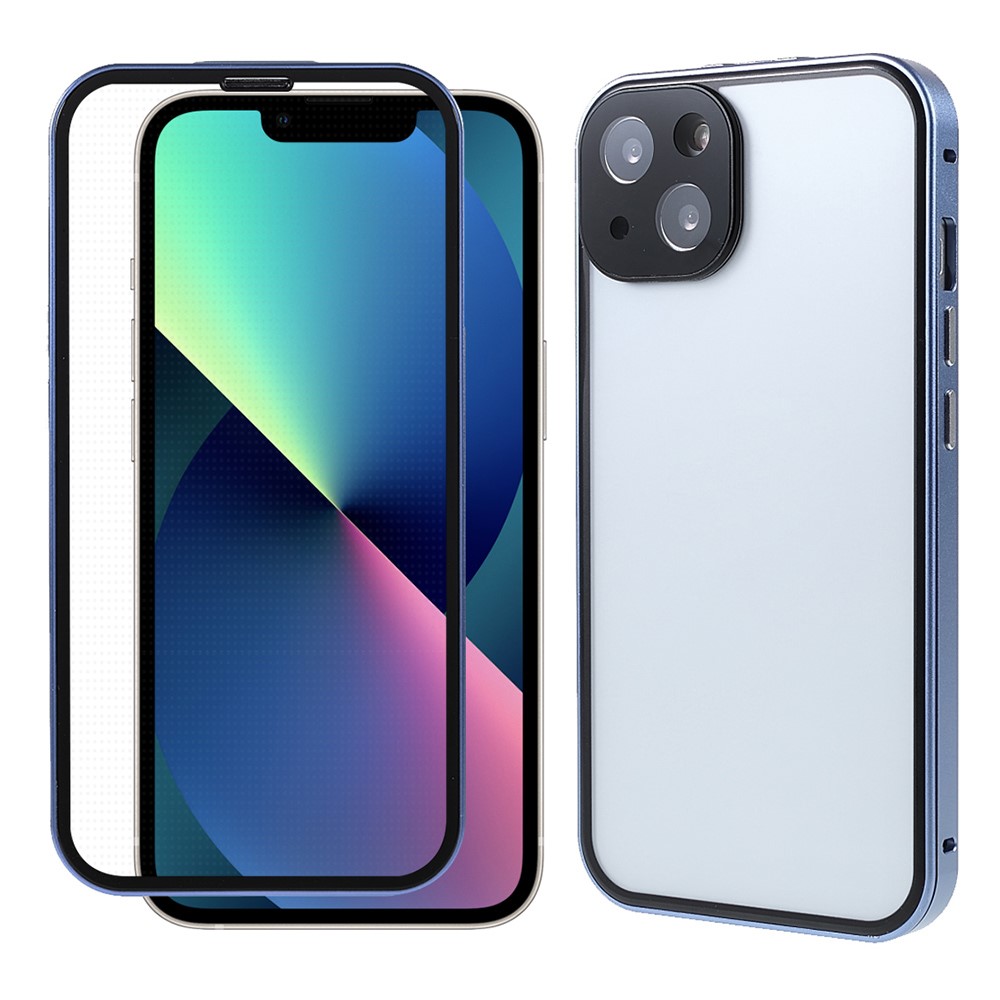 Phone Case Magnetic Absorption HD Front Tempered Glass and Hard Acrylic Back Cover Hybrid Phone Case for iPhone 13 mini 5.4 inch - Blue-1