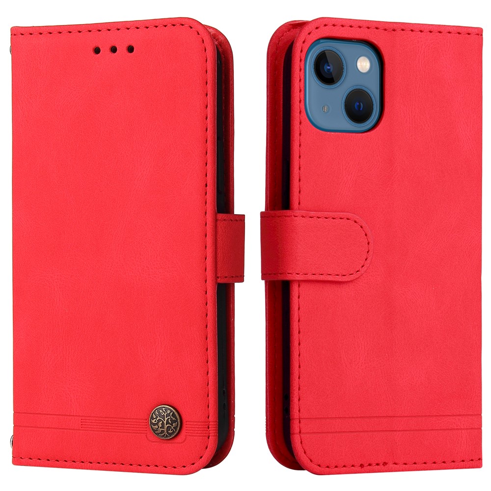 For iPhone 13 Leather Wallet Cases Skin Touch Phone Cover Stand with Strap - Red