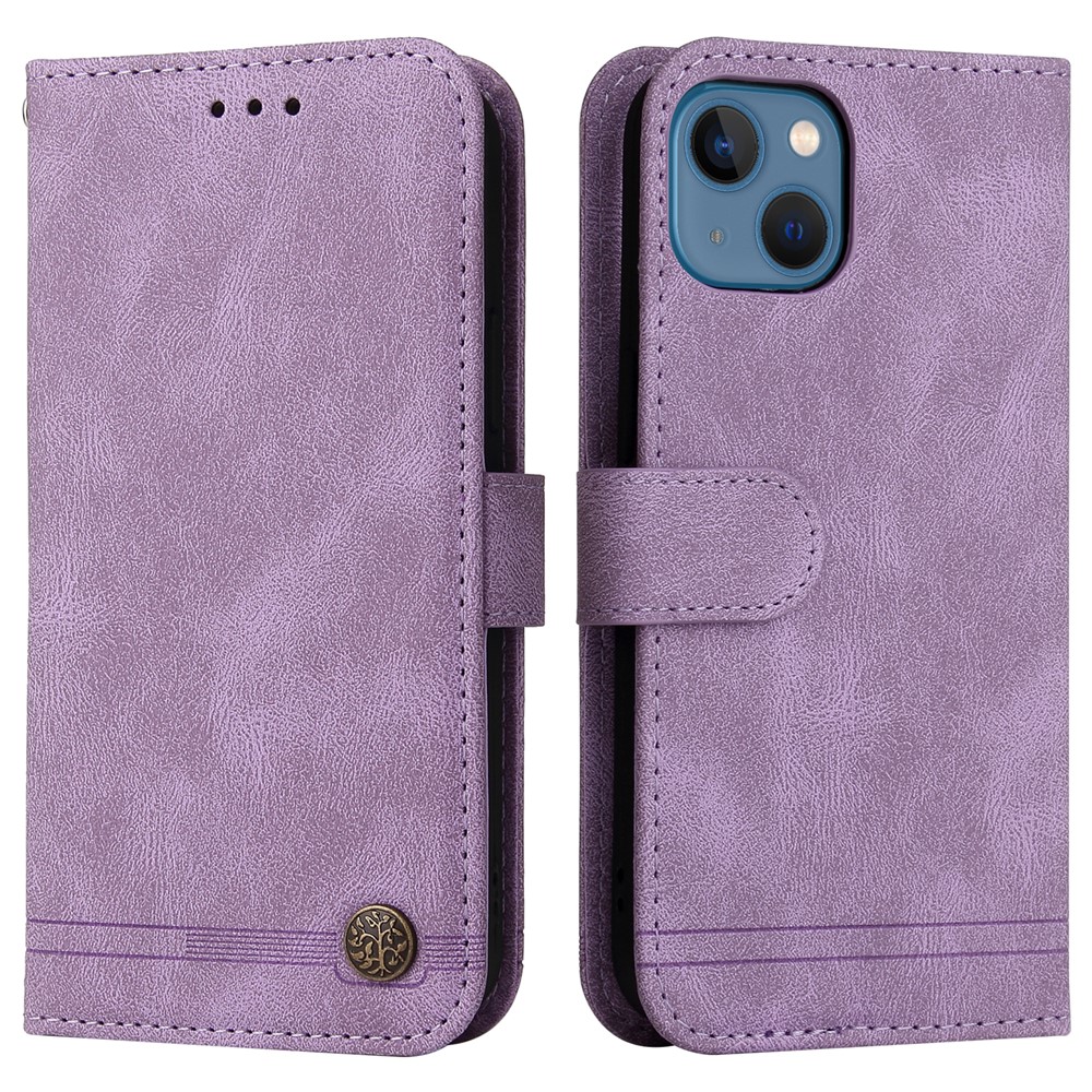 For iPhone 13 Leather Wallet Cases Skin Touch Phone Cover Stand with Strap - Purple