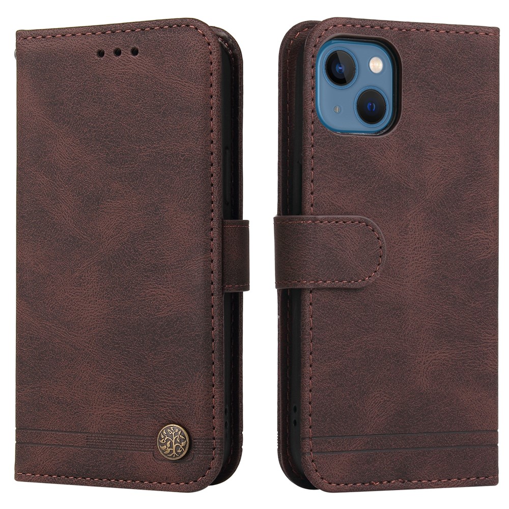 For iPhone 13 Leather Wallet Cases Skin Touch Phone Cover Stand with Strap - Brown
