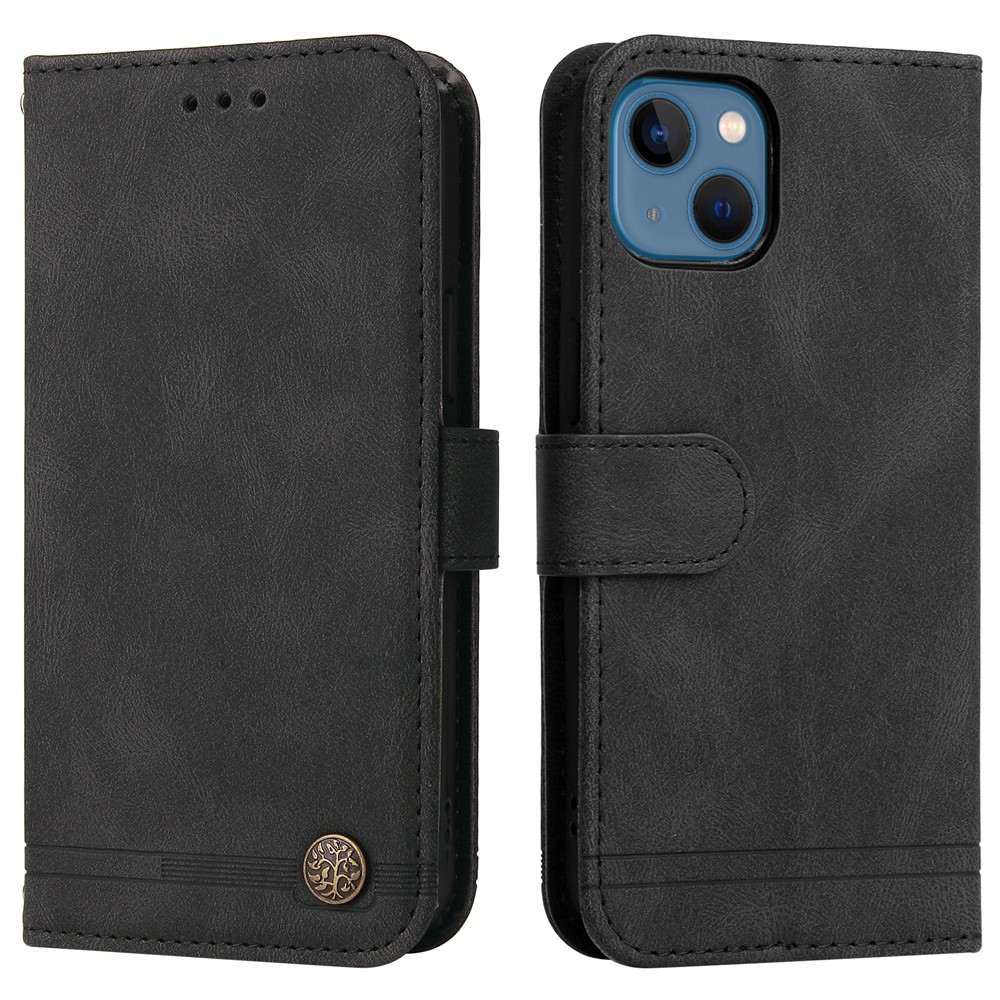 For iPhone 13 Leather Wallet Cases Skin Touch Phone Cover Stand with Strap - Black