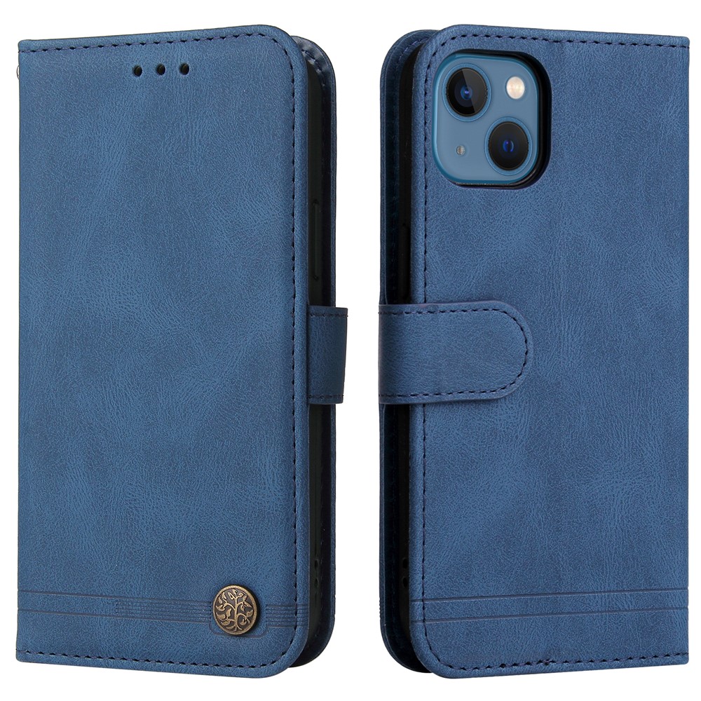 For iPhone 13 Leather Wallet Cases Skin Touch Phone Cover Stand with Strap - Blue