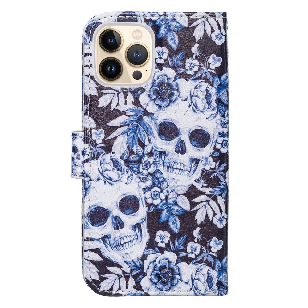 Pattern Printing Leather Case Magnetic Clasp Wallet Stand Well-Protected Cover for iPhone 13 Pro 6.1 inch - Skull Flower-3