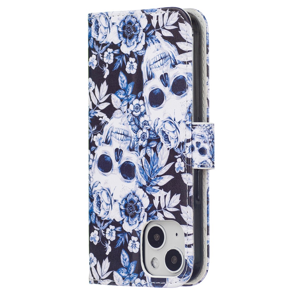 Pattern Printing Leather Case Magnetic Clasp Wallet Stand Well-Protected Cover for iPhone 13 Pro 6.1 inch - Skull Flower-4