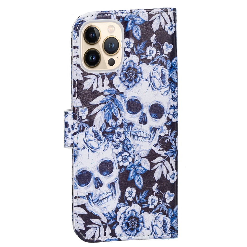 Pattern Printing Leather Case Magnetic Clasp Wallet Stand Well-Protected Cover for iPhone 13 Pro 6.1 inch - Skull Flower-5