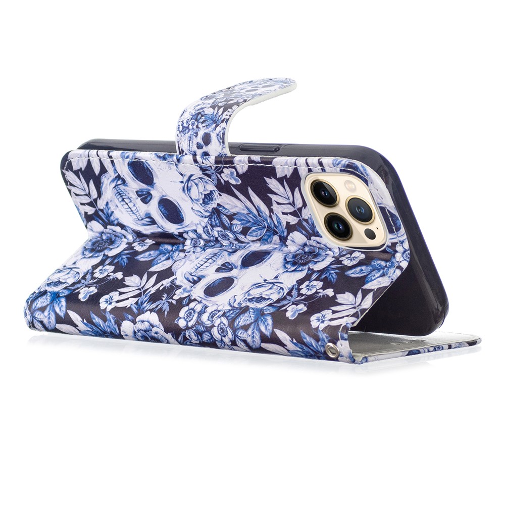 Pattern Printing Leather Case Magnetic Clasp Wallet Stand Well-Protected Cover for iPhone 13 Pro 6.1 inch - Skull Flower-6