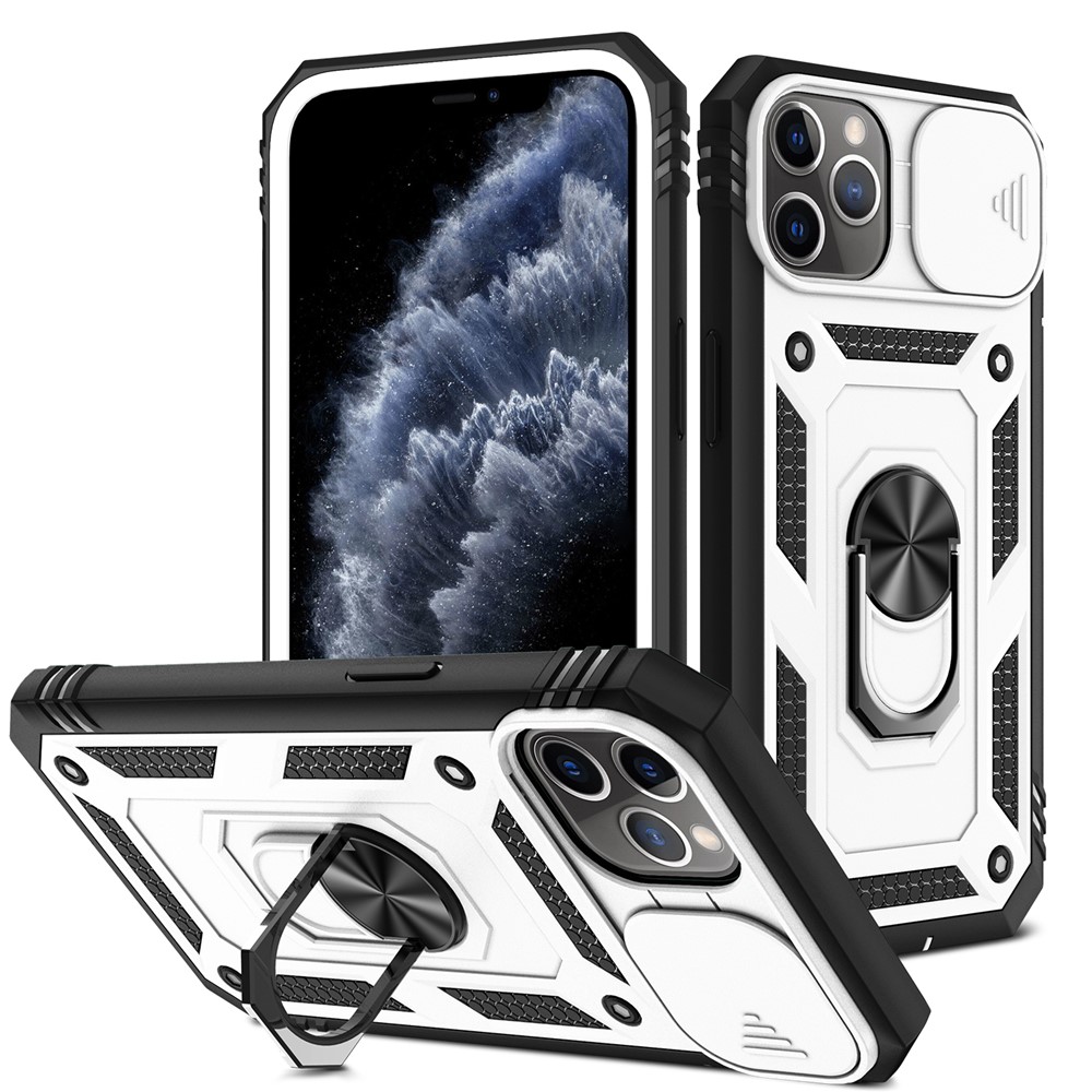 Kickstand Military Grade Drop Tested Hard PC Back + Soft TPU Edge Protective Case with Camera Lens Protector for iPhone 11 Pro Max 6.5 inch - White/Black